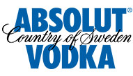 Logo of absolut vodka featuring the text "absolut country of sweden vodka" and "dj trivia" in blue lettering.