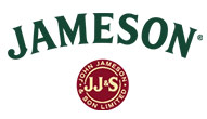 Logo of Jameson Irish whiskey with the name "Jameson" in green letters and a maroon seal reading "John Jameson and Son Limited", perfect for pub trivia nights.