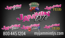 Promotional graphic for "jammin' djs" featuring colorful logos for various events and services, including pub trivia, with contact information on a textured background.