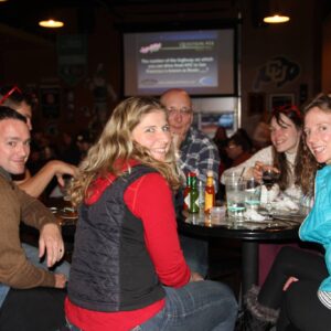 Group of people enjoying a trivia night at a pub with drinks and food on the table, smiling and looking at the camera.