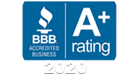 Logo depicting a bbb accredited business with an a+ rating for the year 2020, featuring a white torch symbol on a blue background, ideal for DJ trivia events.