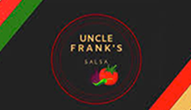 Logo of "uncle frank's salsa" with a colorful trivia-themed design featuring a red and green pepper against a black background.