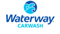 Logo of waterway carwash featuring a stylized blue water droplet with a trivia shape inside it, next to the company name in black and blue text.
