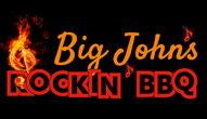 Logo of Big John's Rockin' BBQ featuring stylized text in orange and yellow flames with a "DJ Trivia" tag on a black background.