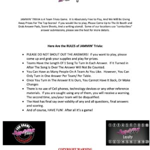 Text document describing the rules of the game "jammin' trivia," mentioning scoring details, and proprietary content warning, accompanied by branded logos. This includes elements of pub trivia for enhanced interaction.