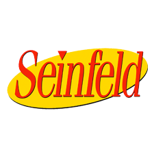 Logo of the tv show "seinfeld" featuring stylized red text on a yellow oval background.