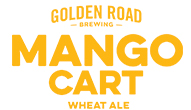 Logo of golden road brewing's mango cart wheat ale featuring stylized text in yellow and white against a clear background, perfect for trivia night promotions.