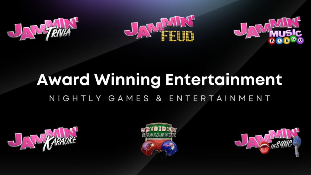 Promotional graphic for "jammin' entertainment" featuring logos for DJ trivia, feud, music bingo, karaoke, and other games with the text "award-winning entertainment, nightly games & entertainment.