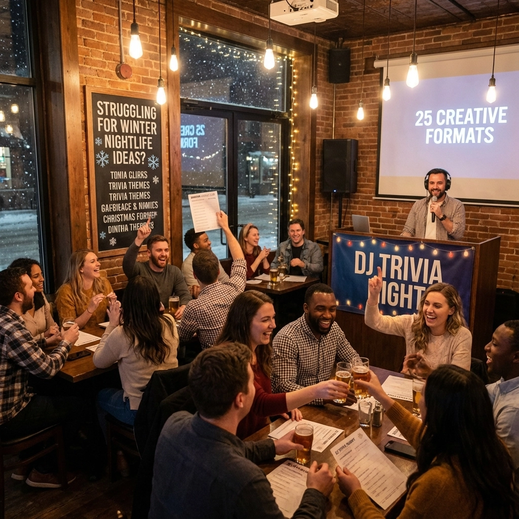 A group of people sit at tables in a bar during a DJ-hosted trivia night; one person raises their hand while others look at trivia sheets.