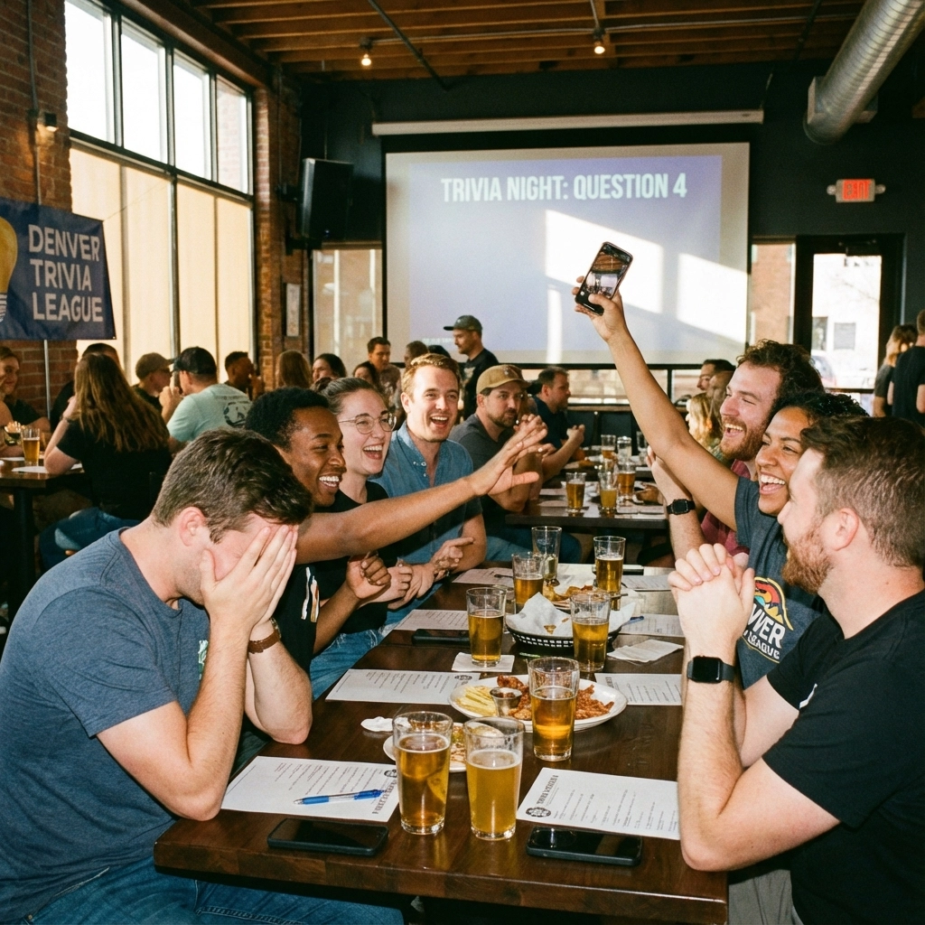 A group of people at a bar cheer and celebrate around a table with drinks and trivia sheets, as "Trivia Night: Question 4" is displayed on a screen in the background.