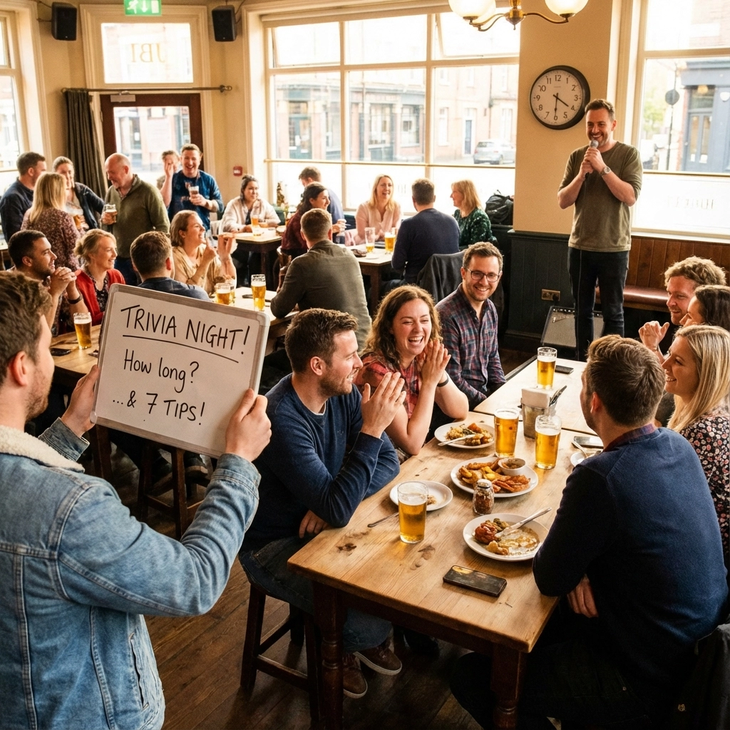A group of people sit at tables with drinks and food during a trivia night at a pub, while a person stands at the front speaking and another holds a sign reading “TRIVIA NIGHT! How long? & 7 TIPS!”.