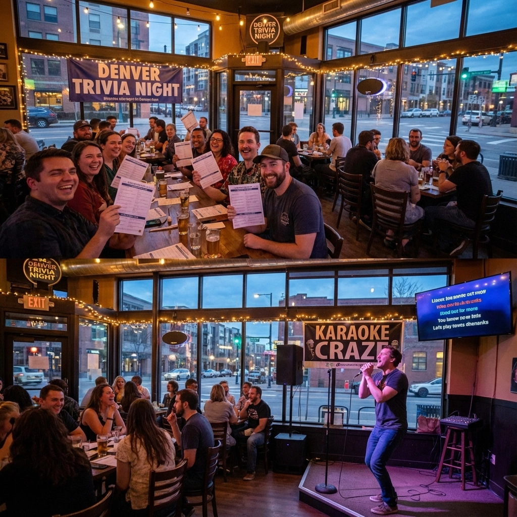 Two photos: groups of people participate in a Denver trivia night at a restaurant, and a person sings on stage for karaoke with an audience watching.