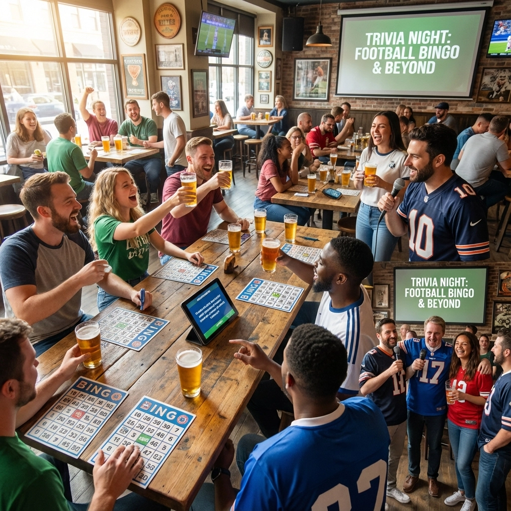 People at a bar are playing football-themed bingo and trivia, holding drinks and cheering, with a large screen displaying "Trivia Night: Football Bingo & Beyond.