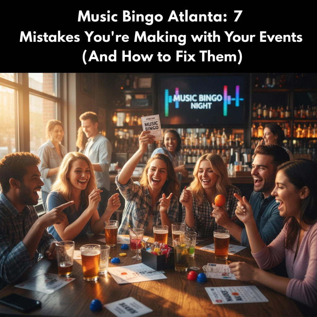 A group of young adults enjoying a lively music bingo night at a bar, holding bingo cards and drinks, with a "Music Bingo Night" sign in the background.