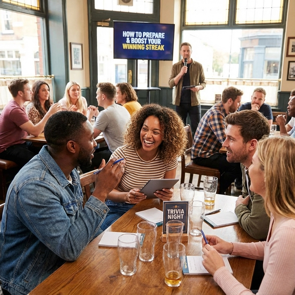 A group of people sit at a table with drinks and answer sheets, participating in a trivia night at a lively pub, with a host speaking in the background.