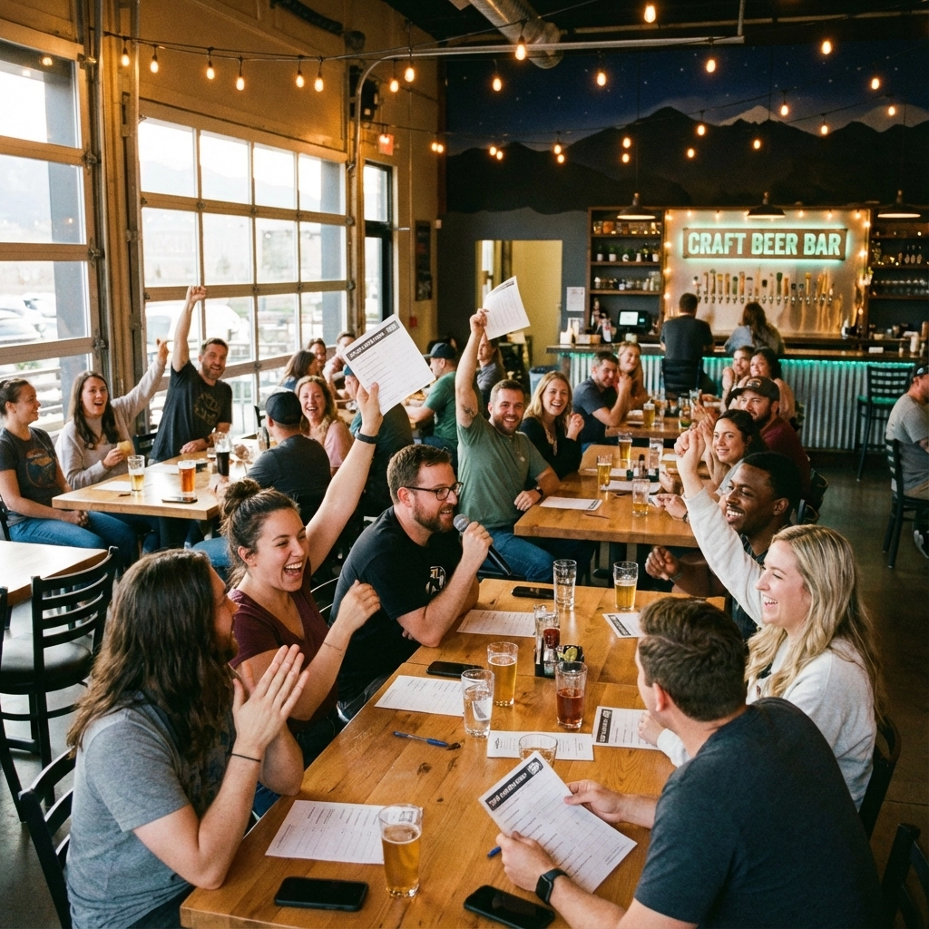 Large group of people sitting at long tables in a craft beer bar, smiling and cheering, some holding menus or drinks, with a bartender in the background.