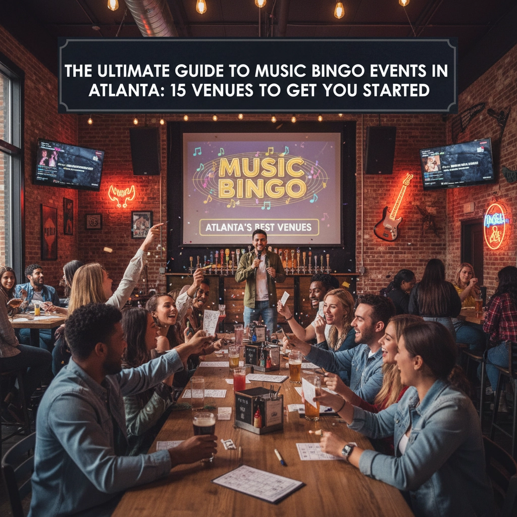A group of people play music bingo at a bar in Atlanta, with a large screen displaying "Music Bingo" and event details in the background.