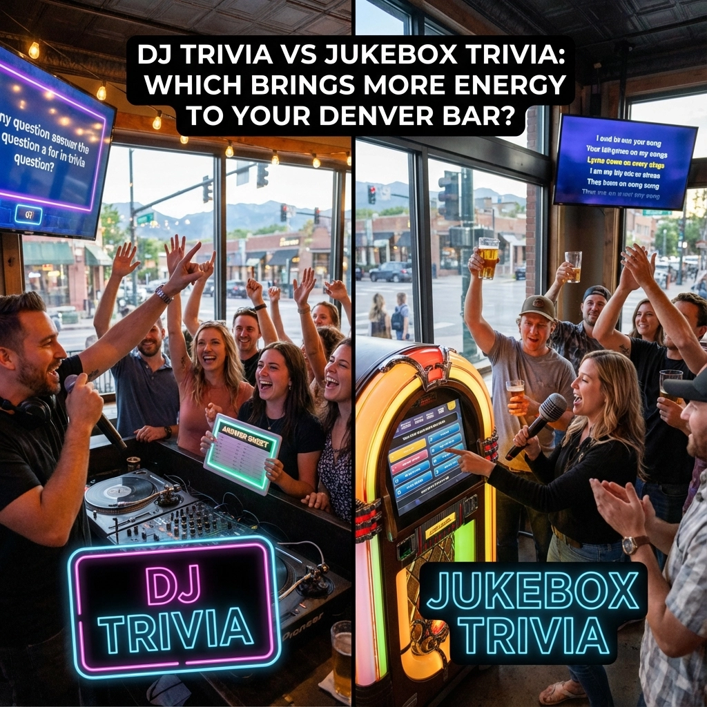 Split image comparing DJ trivia and jukebox trivia in a Denver bar, with lively crowds engaging enthusiastically at each interactive trivia station.