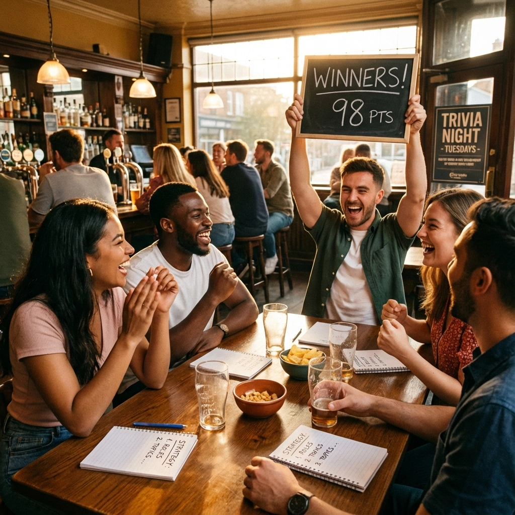A group of people at a pub trivia night celebrate at a table, one person holds up a sign reading “Winners! 98 pts” while others around them smile and clap.