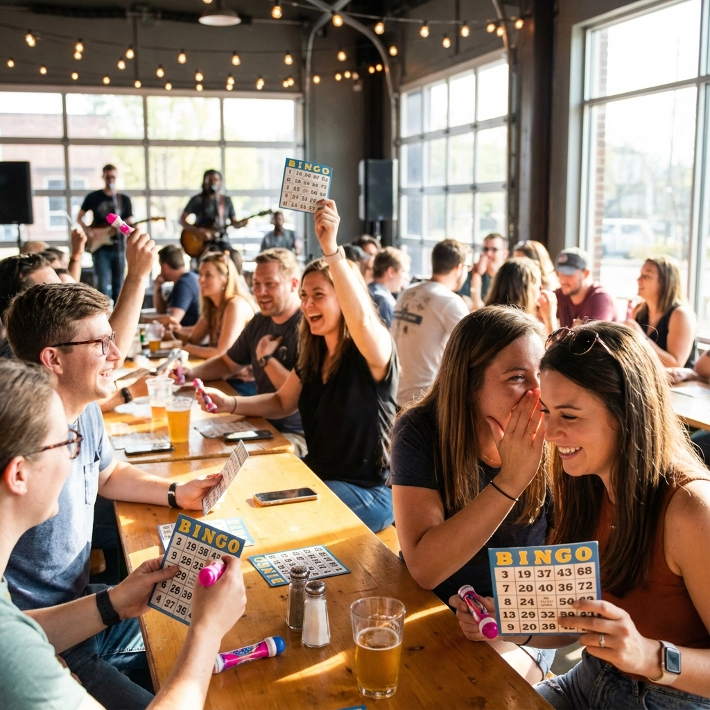 People sit at long tables playing bingo in a bright, busy restaurant or bar; some are holding bingo cards and markers, and a few are celebrating and smiling.