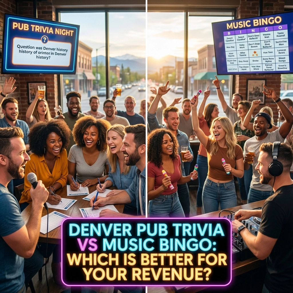 Bar patrons participate in pub trivia and music bingo games. Neon text reads: “Denver Pub Trivia vs Music Bingo: Which is better for your revenue?”.