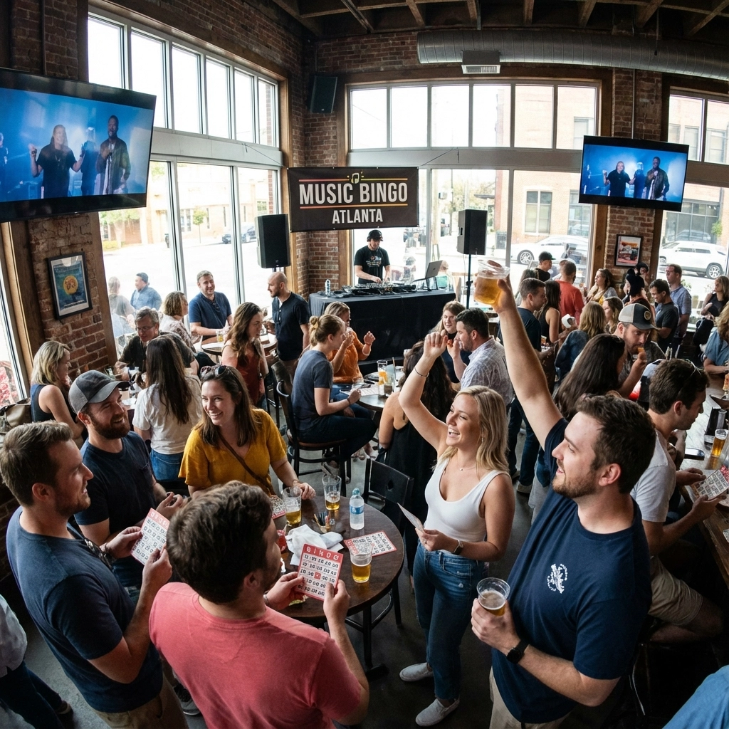 A lively crowd plays music bingo at a bar in Atlanta, with people holding bingo cards and drinks. A DJ is at the front, and TV screens show the event.