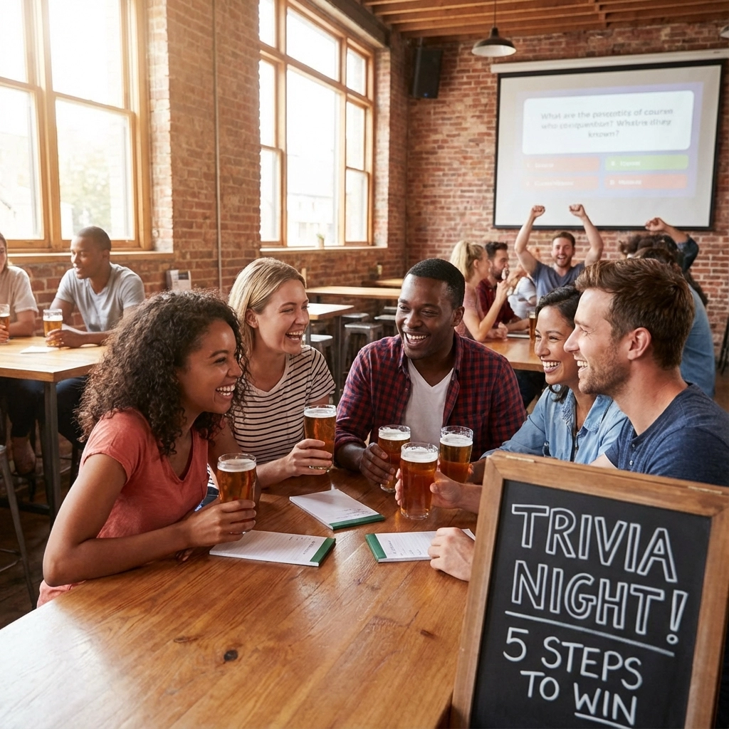 A group of friends sits at a pub table with drinks, smiling and talking. A trivia night sign is on the table, and people celebrate near a trivia question projected on a screen.