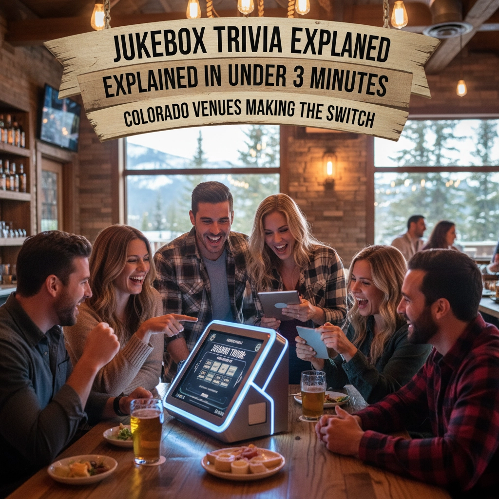 A group of friends at a rustic bar interact with a digital jukebox trivia machine; signage above explains the new trivia system being adopted at Colorado venues.