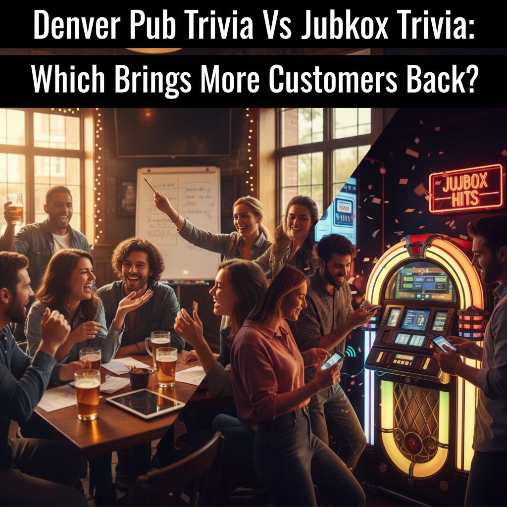 A split image shows a group playing trivia at a pub with drinks, and people gathered around a jukebox in a lively bar setting. Text asks which brings more customers back: Denver pub trivia or jukebox trivia.