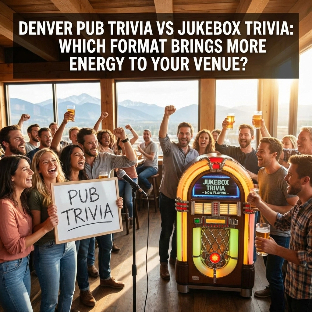 A group of people in a bar cheer around a jukebox and a woman holding a “Pub Trivia” sign, under a headline comparing pub trivia and jukebox trivia formats.