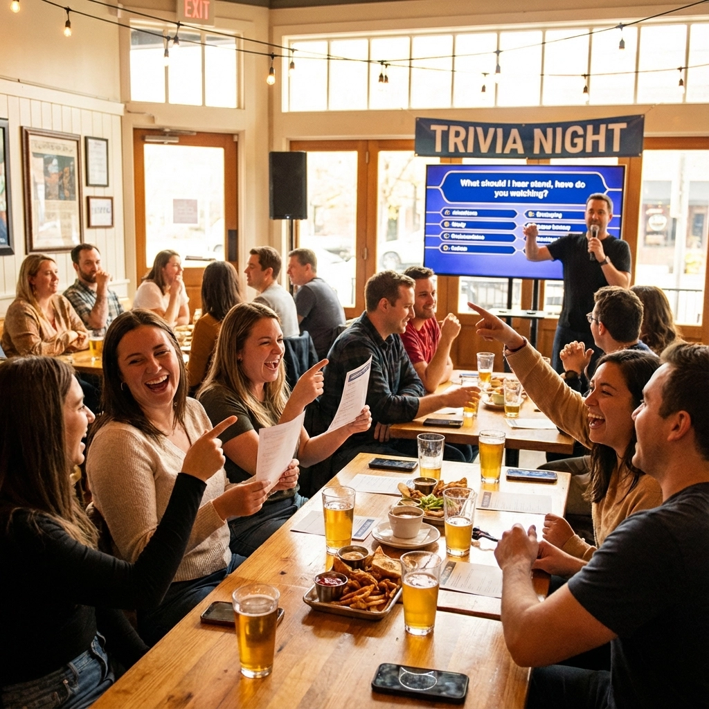 A group of people sit at tables with drinks and food, laughing and holding papers during a trivia night event, with a host standing near a large trivia screen.