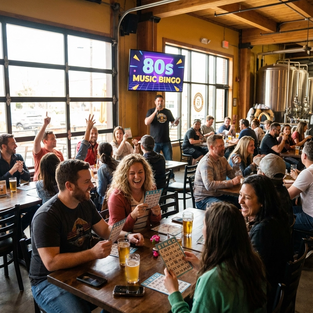 A group of people play 80s music bingo in a lively brewery, with drinks on the tables and a host standing near a screen displaying "80s Music Bingo.