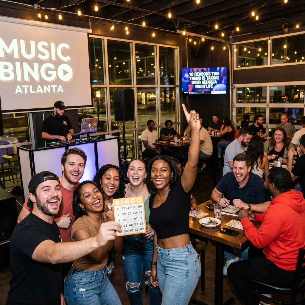 A group of people celebrate holding a winning bingo card at a crowded bar during a music bingo event, with a DJ and other patrons in the background.