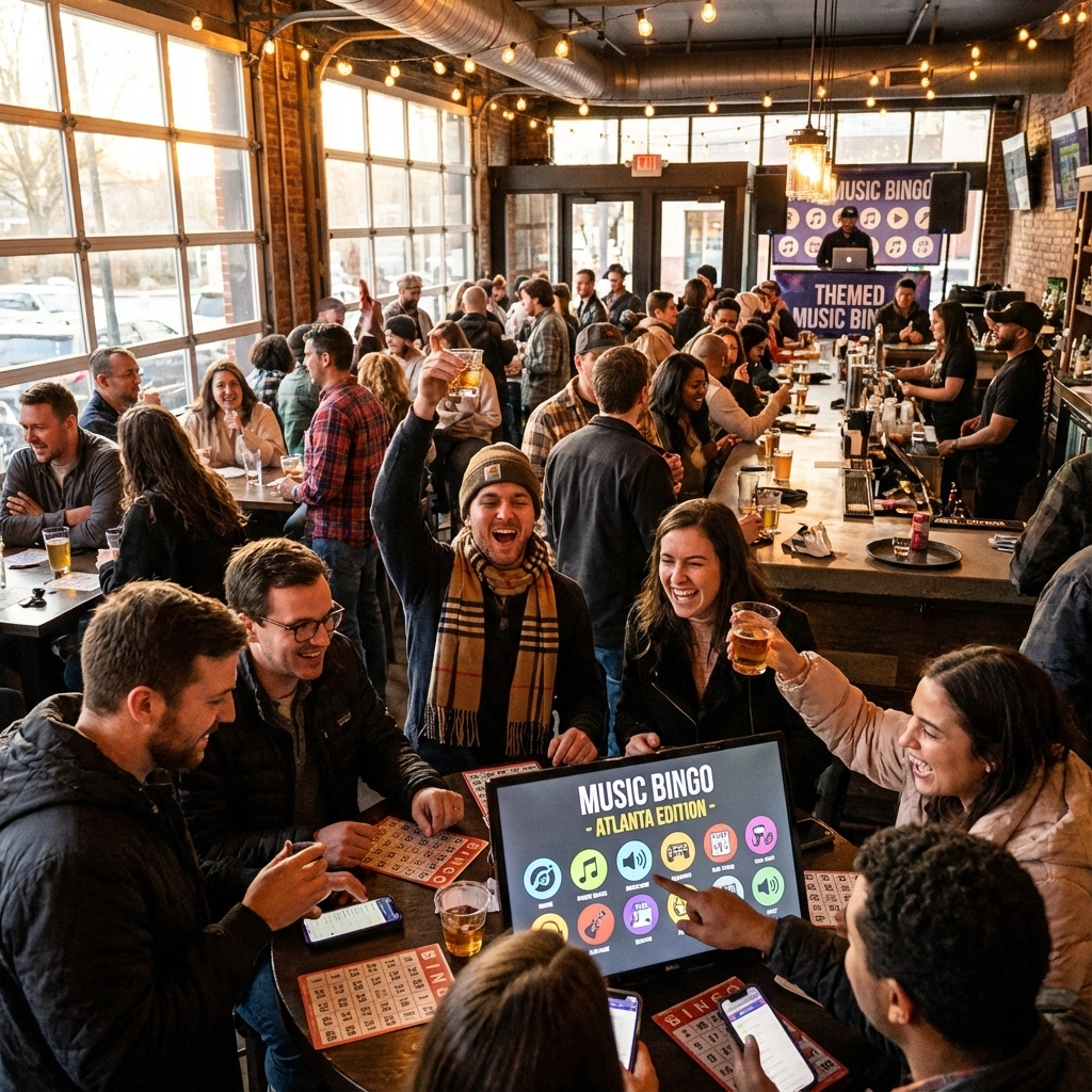 A crowded bar with people playing Music Bingo, holding drinks, and smiling around tables; game cards and a screen labeled “Music Bingo - Atlanta Edition” are visible.