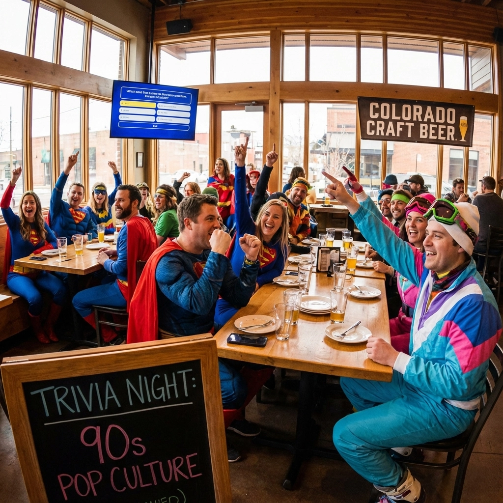 A group of people in superhero and retro outfits celebrate at a bar during a 90s pop culture trivia night, with drinks and food on the tables.