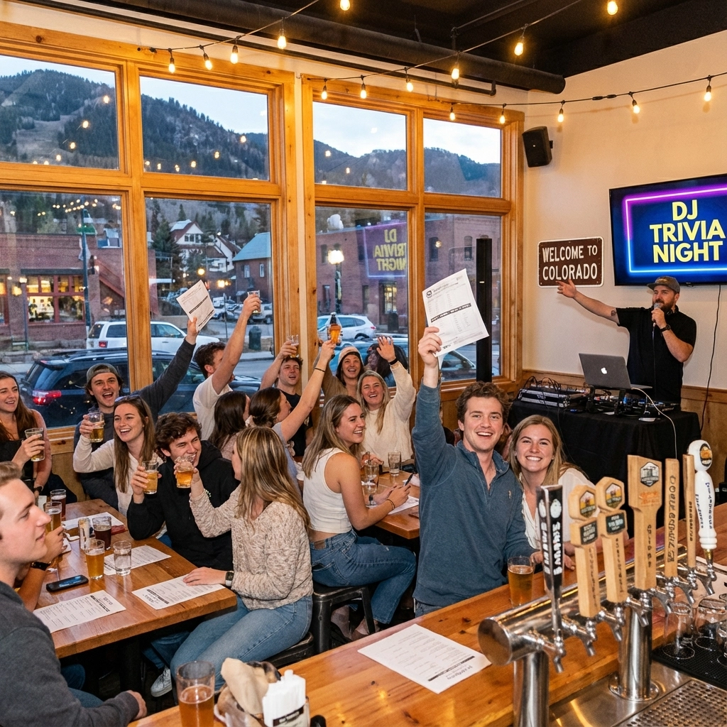 A group of people sit at a bar, raising drinks and trivia answer sheets, while a DJ hosts trivia night. A "Welcome to Colorado" sign and mountain views are visible through the windows.