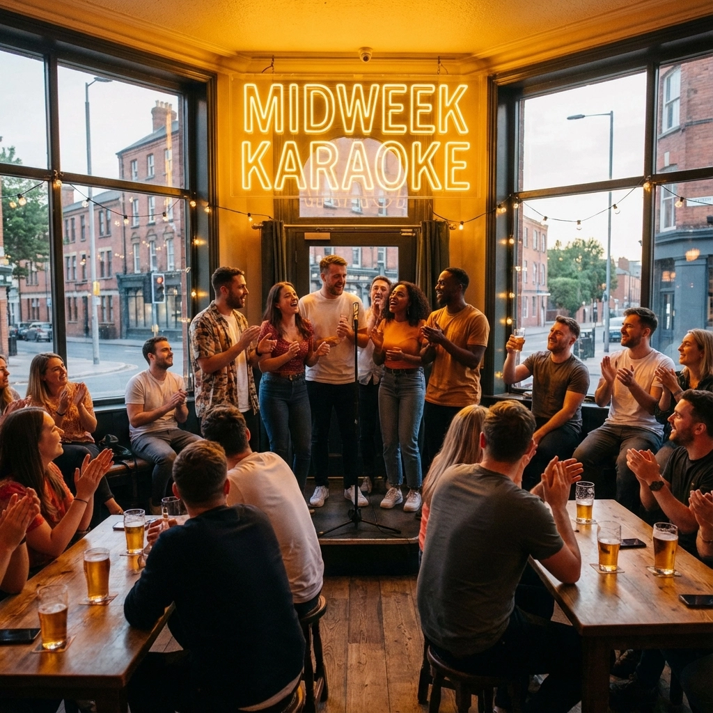 A group of people sing on a small stage under a large "Midweek Karaoke" neon sign, while others sit at tables with drinks and clap.
