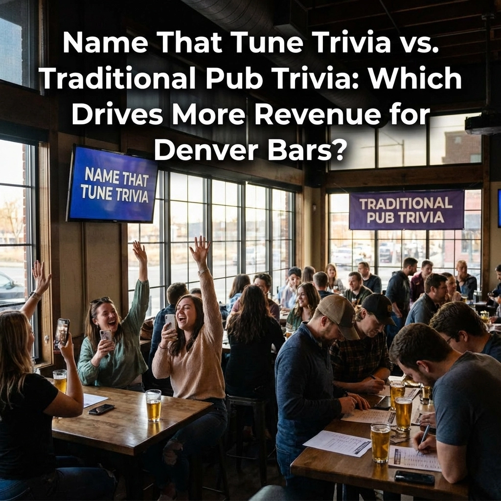 Two groups of people participate in trivia games at a bar; one group plays "Name That Tune Trivia" while the other plays "Traditional Pub Trivia.