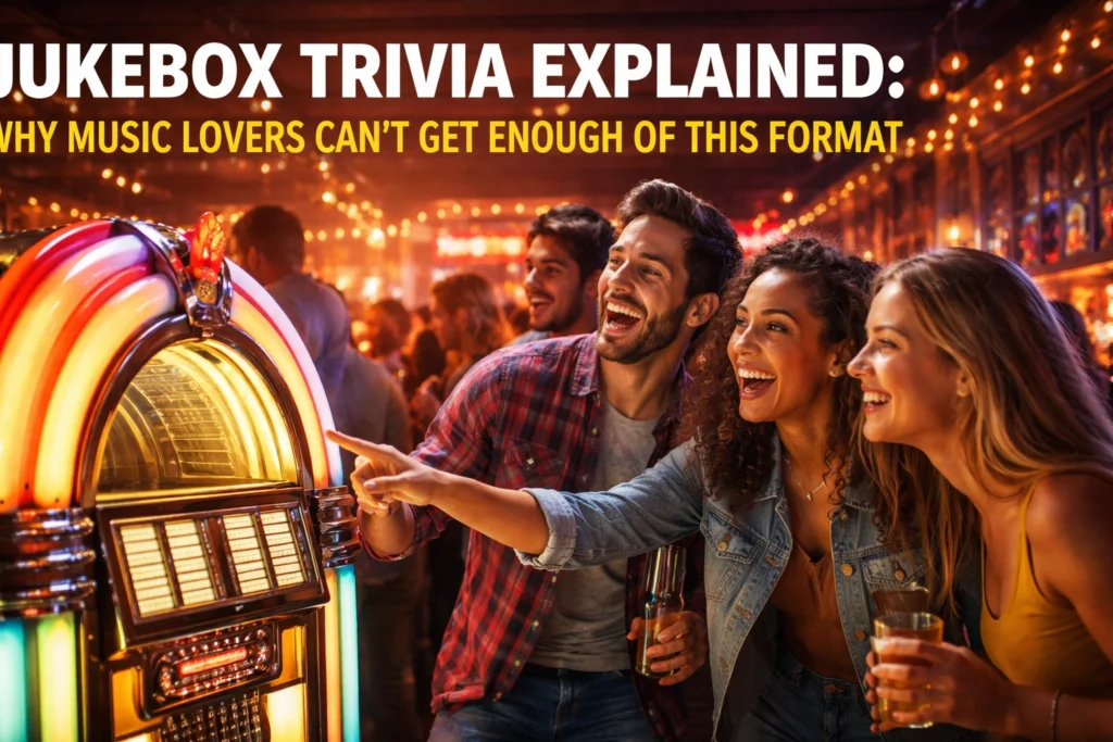 Three young adults smile and point at a lit-up jukebox in a lively, crowded bar, with the text “Jukebox Trivia Explained: Why Music Lovers Can’t Get Enough of This Format.”.