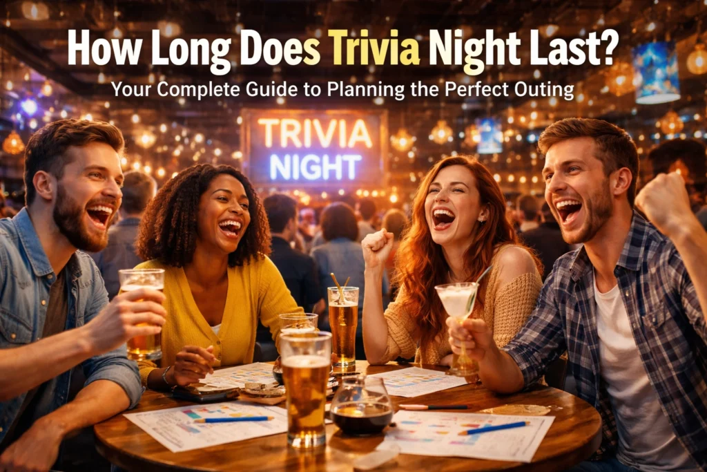 Four friends sit at a bar table with drinks and answer sheets, laughing, with a bright "Trivia Night" sign in the background.