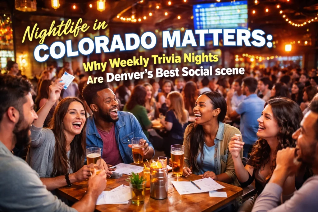 A diverse group of young adults laughs and celebrates at a busy bar during trivia night, with drinks and answer sheets on the table, under warm string lights. Text highlights Denver trivia nights.