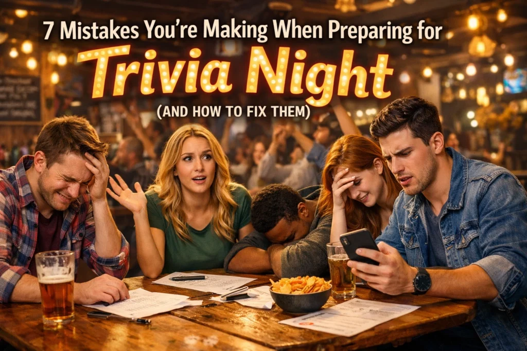 Four people sit at a table with drinks, snacks, and trivia sheets, looking frustrated, under a large sign about trivia night preparation mistakes.