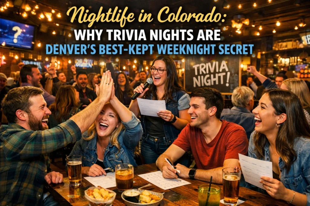 A group of friends celebrate at a bar during a trivia night, raising hands and laughing, with drinks and food on the table. A sign in the background reads "TRIVIA NIGHT!.
