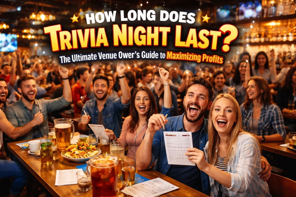 A large group of people at a bar participate in trivia night, holding answer sheets and drinks, with a promotional sign about maximizing trivia night profits overhead.