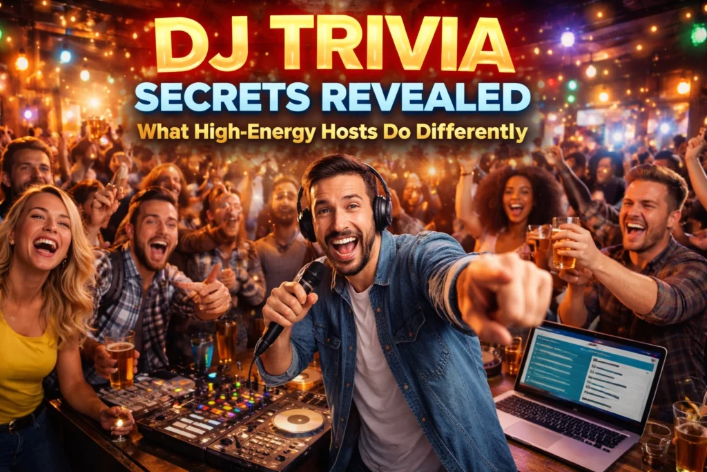 A DJ wearing headphones hosts a lively trivia night at a crowded bar, with people cheering, smiling, and holding drinks; text overlay promotes DJ trivia secrets.