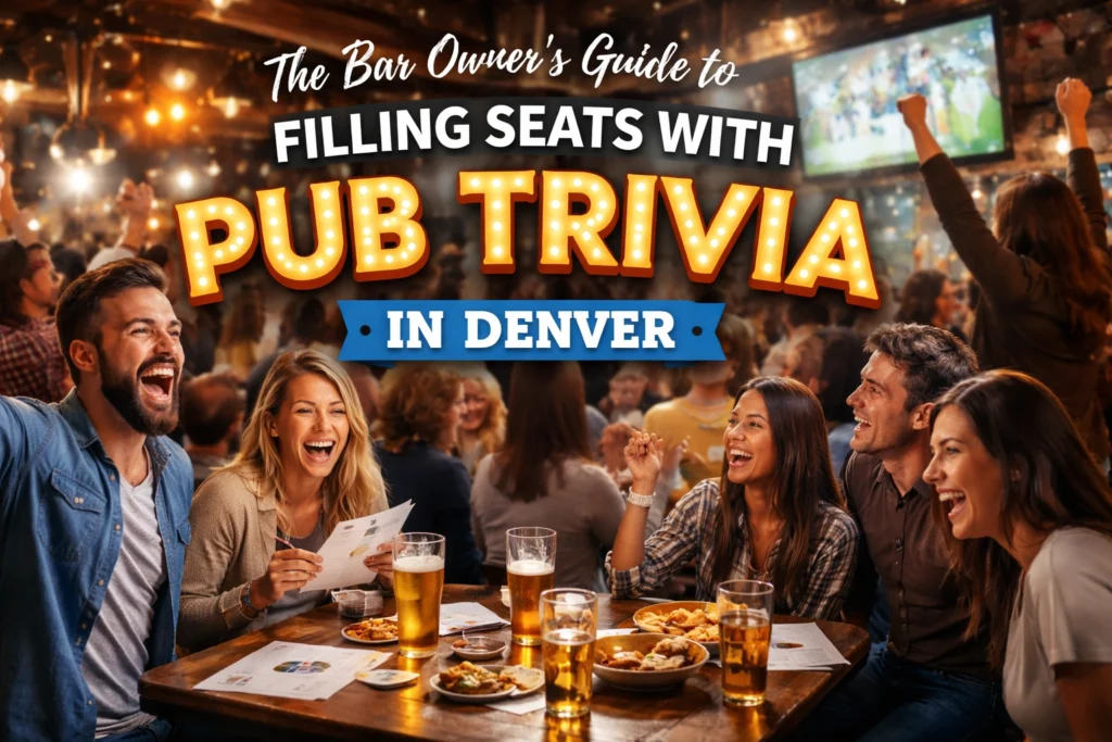 A group of people laughing and playing trivia at a pub with drinks and food on the table; text promotes pub trivia in Denver.