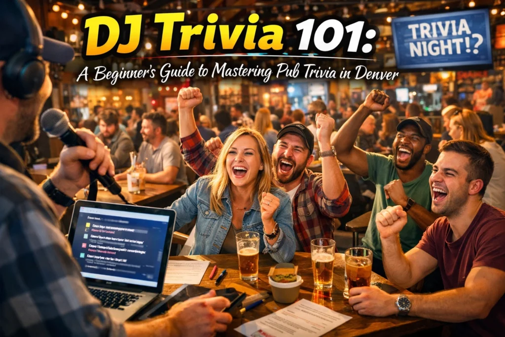 A group of people cheer at a table during a DJ-hosted trivia night at a bar, with a host speaking into a microphone and a trivia sign in the background.