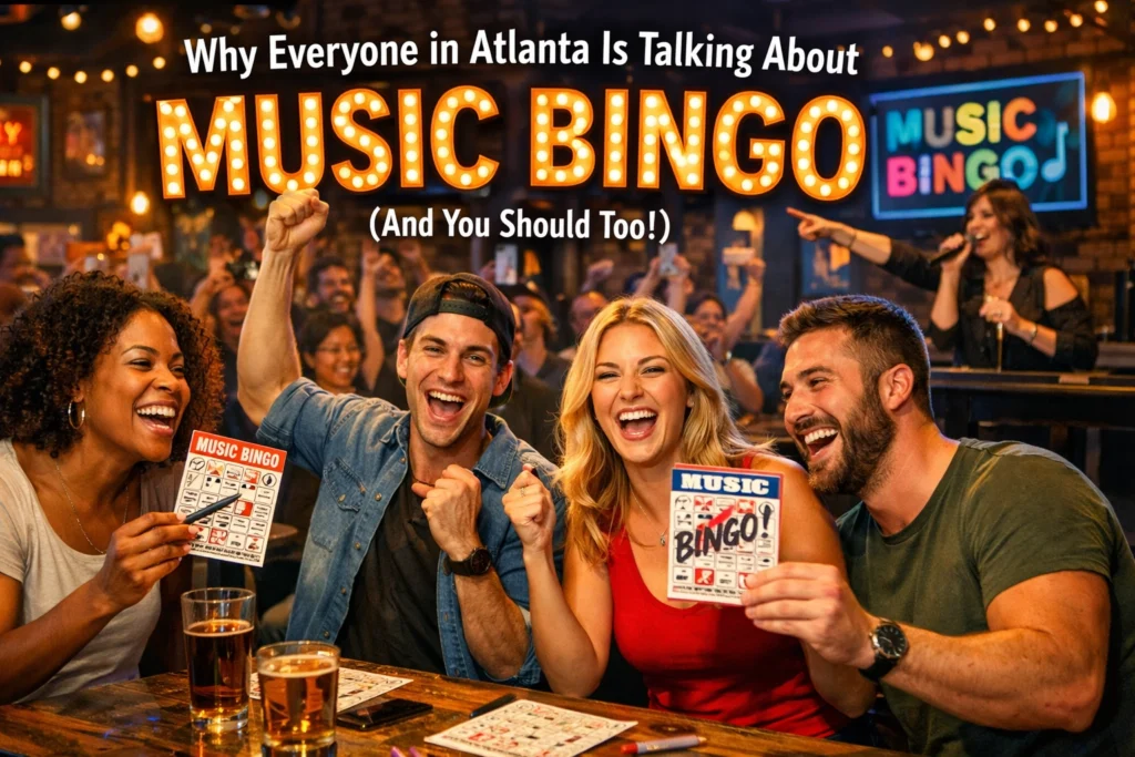 Four people sit at a table in a lively bar, smiling and holding music bingo cards, while a performer sings on stage in the background.