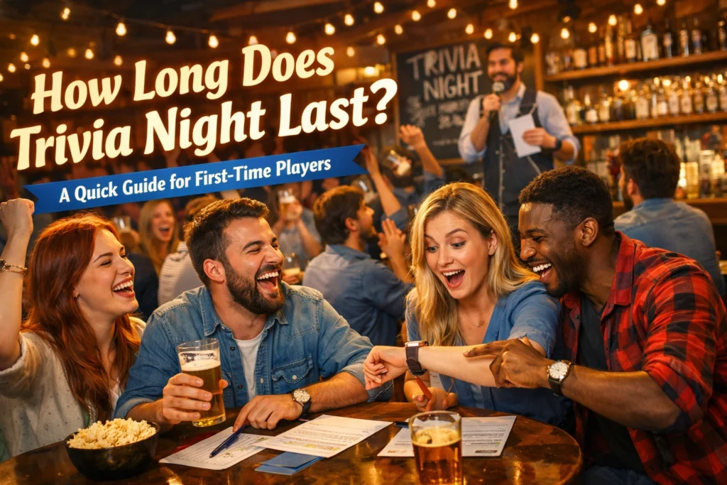 A group of friends sit at a bar table with drinks and trivia sheets, cheering as a host speaks on stage under a sign that reads, "How Long Does Trivia Night Last?.