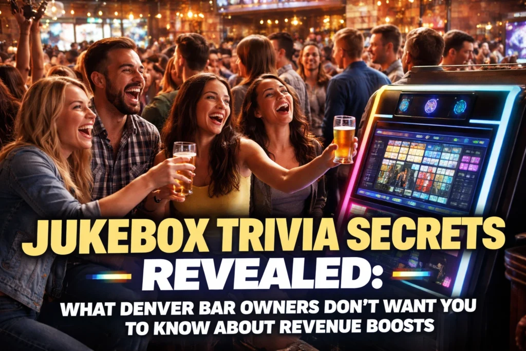 Four people holding beers laugh and play on a digital jukebox in a lively bar, with bold text about jukebox trivia secrets and revenue tips for Denver bar owners.